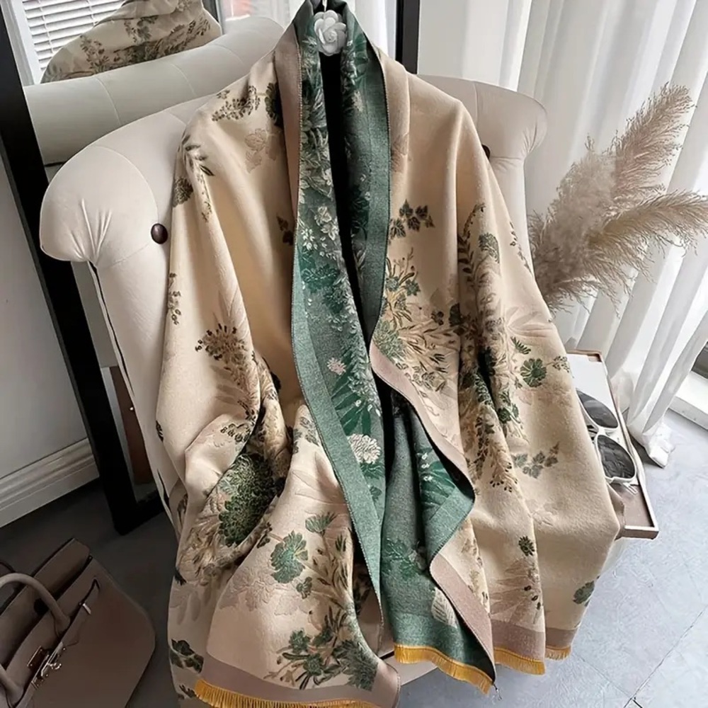 Floral Two-Tone Green & Cream Wrap Scarf